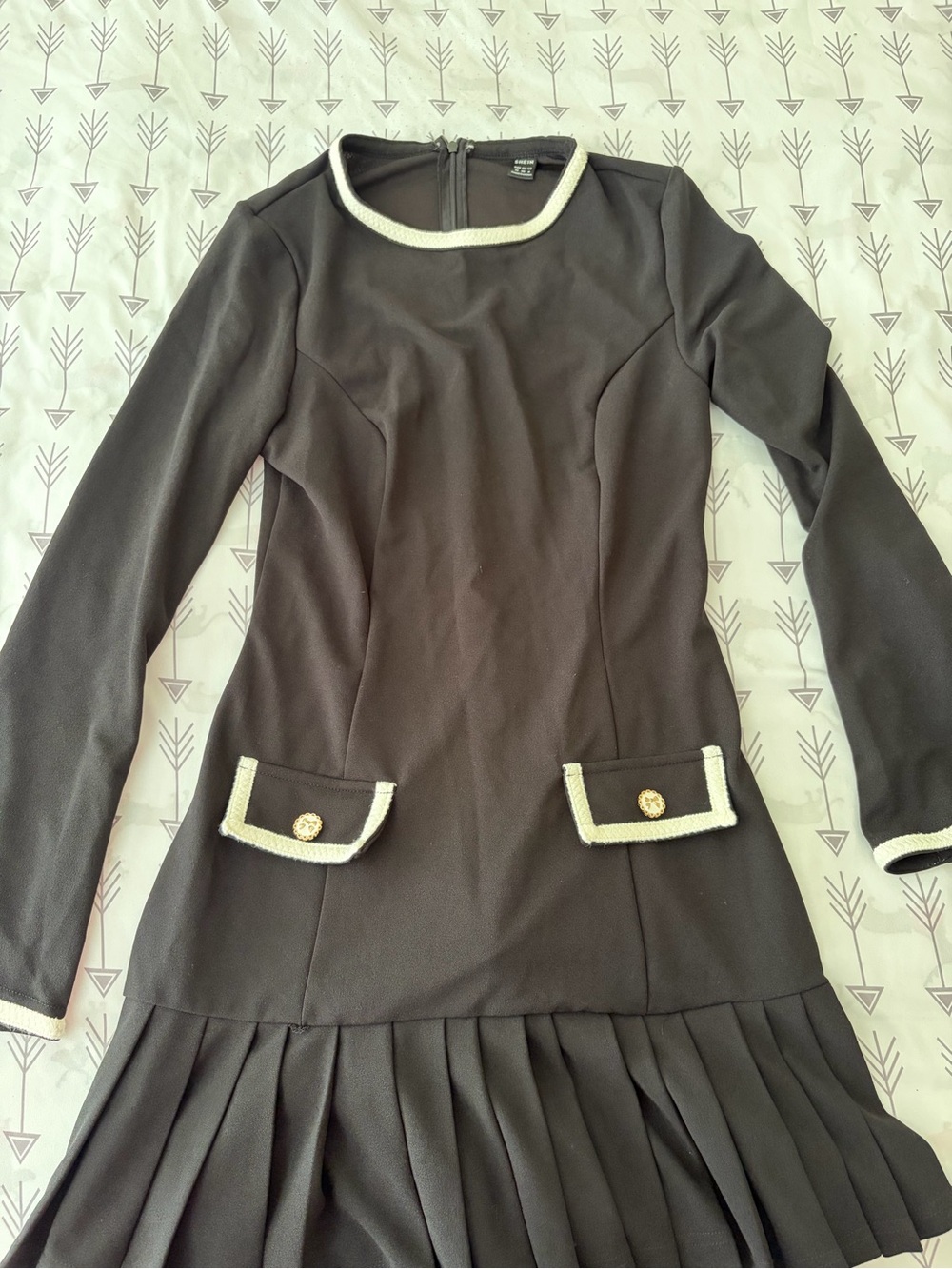 Black Long Sleeve Pleated Hem Dress with White Trim